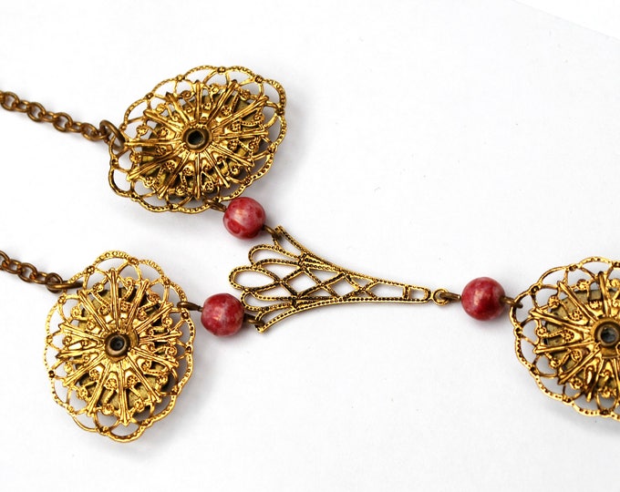 Pink rose Necklace -Floral ceramic cabochon -gold filigree -brass chain - glass bead - v shape bib necklace