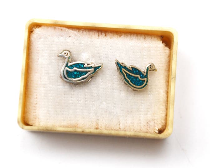 sterling duck earrings - Turquoise inlay - Blue gemstone - Silver stud figurine pierced earrings