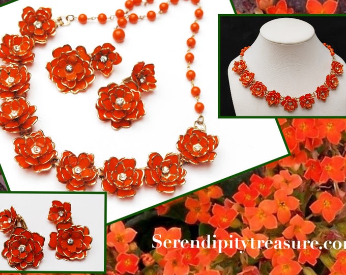 Orange Flower necklace earring set -Plastic floral - clear rhinestone - gold trim