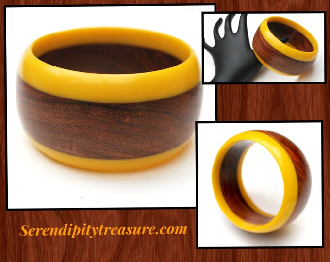 boho two tone Lucite bangle - Wood Brown - Mustard yellow - Vintage plastic bracelet