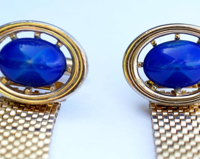 Blue Star Sapphire Glass Cufflinks - Blue glass Cabochon - fold over gold wrap mesh metal