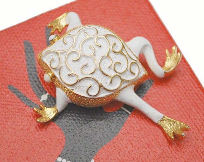 Frog Brooch - white enamel - gold plated -JJ Jonette Jewelry Company- figurine pin - signed