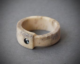 Size 8,5 US, Inlaid Swarovski crystal, Deer antler ring, Antler ring, Black stone ring, Black crystal ring, Bone ring, Antler jewelry