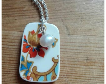 Vintage ceramic plate pendant . Fresh water pearl necklace. Knopf designs . Broken plate jewellery.