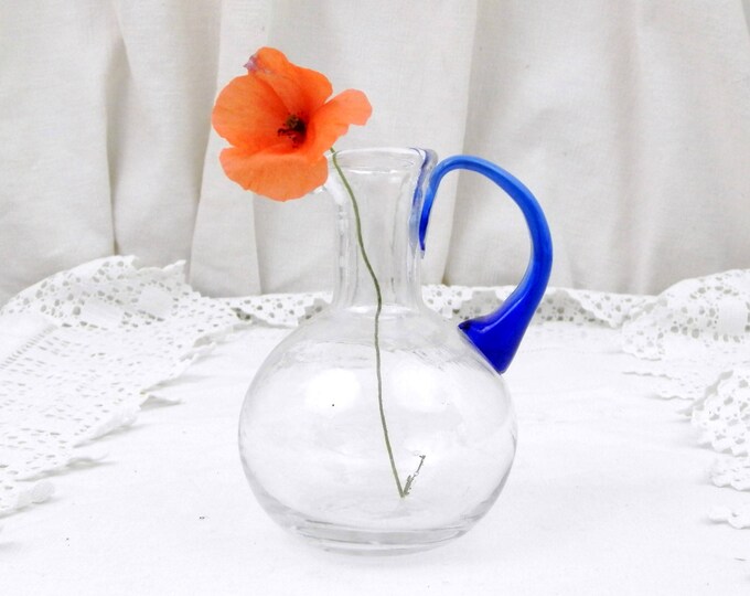 Small Vintage Blown Glass Handmade Vase / Jug with Blue Handle, Glass Oil Bottle, French Vintage Table Decor, Retro Home Interior