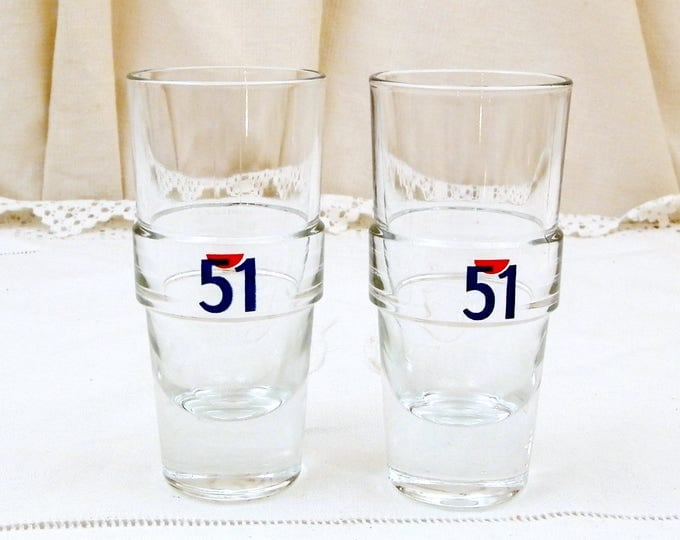 2 Vintage French Pastis 51 Glasses, Pair French Aperitif Glasses, Pernod Ricard