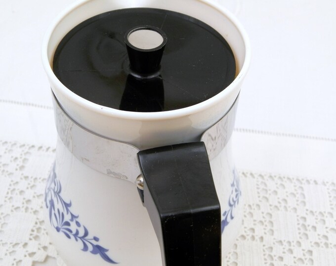 French Vintage Mid Century 1960s White Milk Glass Coffee Pot with Blue Pattern by Sovirel, Retro Kitchenalia from France, Pyrex , Acropal