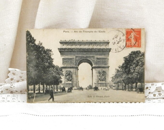 Antique French Postcard Arc de Triomphe the Top of the Champs Elysees in Paris with Horse Carriages and Early Automobile Car Posted in 1910