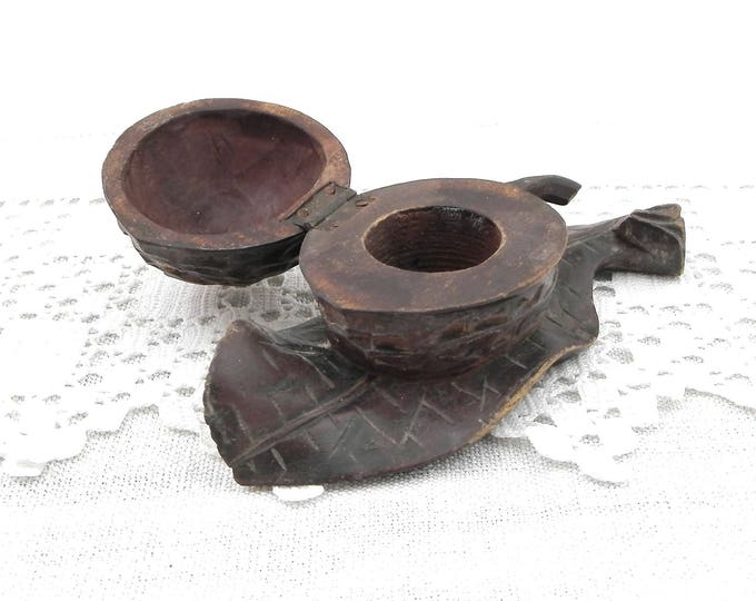Antique Carved Wooden Black Forest Artisan Walnut and Leaf Shaped Inkwell, Primitive Wood Sculpted Nut 19th Century Curios, Collectible