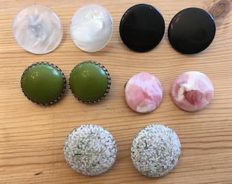 Vintage Lot of 5 Pair Clip On Earrings, Fun Glittery Confetti, Pink, Black, White, Avocado, Round Button Style