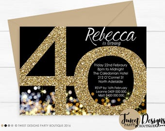 40th Birthday Invitation, Adult 40th Invitation, Gold 40th Invitation, Gold Adult Invitations, Gold Glitter Invitation, 40th Birthday Party