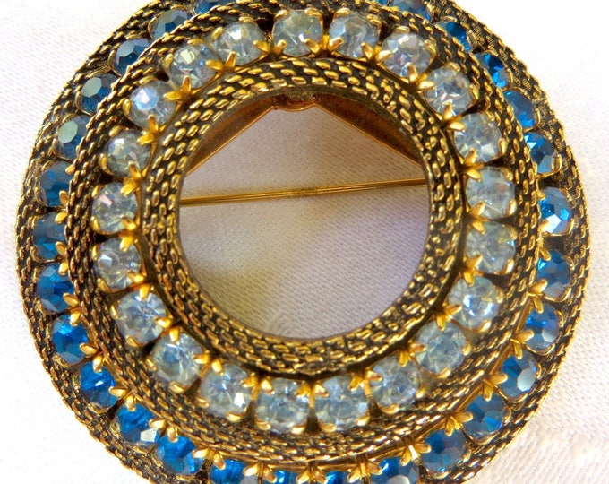 Vintage Rhinestone Brooch, Mesh Circle Pin, Cobalt Sky Blue, Vintage 1950s Jewelry