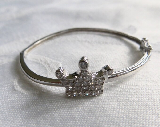 Baby Bangle Bracelet, Sterling Silver, Rhinestone Princess Crown, Safety Hinge, Toddler Jewelry