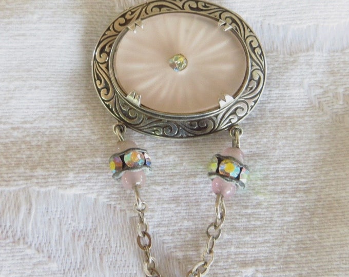 Vintage Camphor Glass Brooch, Sterling Silver, Bead and Chain Dangles, Camphor Jewelry