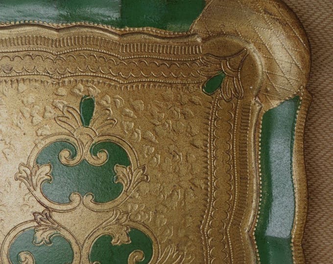 Vintage Florentine Tray, Italian Renaissance, Gold Gilt and Green, Wall Table Decor