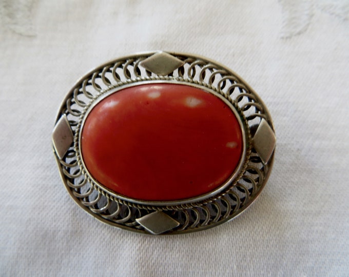 Sterling Coral Brooch, Signed Jo Michels Mid Century Vintage Sterling Coral Pin 1940s Jewelry