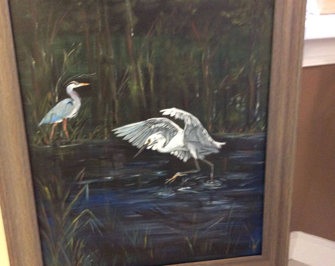 Birds on the Water - 14" x 20" acrylic painting in 18" x 24" frame