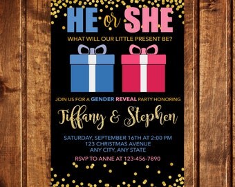 Christmas Gender Reveal Invitation, Christmas Baby Shower Invitations, Holiday Gender Reveal Invitation, He or she Gender Reveal