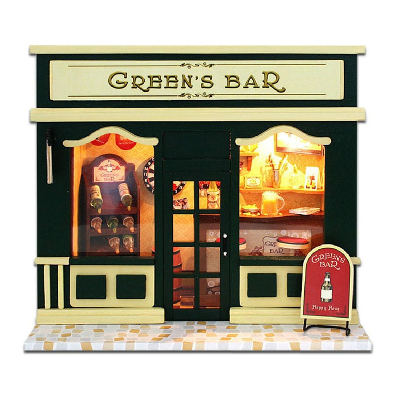 DIY Green's Bar wooden dollhouse kit with Light DIY