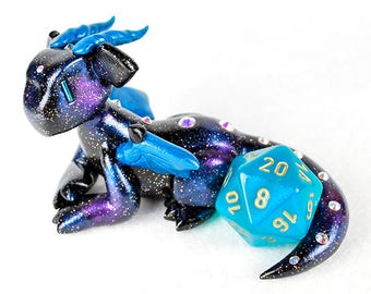 Galaxy dragon dice holder figurine - d20 dice guardian - star themed polymer clay dragon figurine - dungeons and dragons - DnD