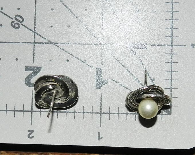 Vintage 925 Sterling Silver Cultured Pearl Marcasite Post Stud Earrings, Vintage Sterling Jewelry Jewellery, Gift Ladies Womens Earrings