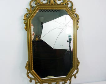 Vintage Mid Century Wall Mirror Large Gold Syroco Ornate Octagonal Oblong Mirror Dated 1963 Tall Rectangular Hollywood Regency Wall Hanging