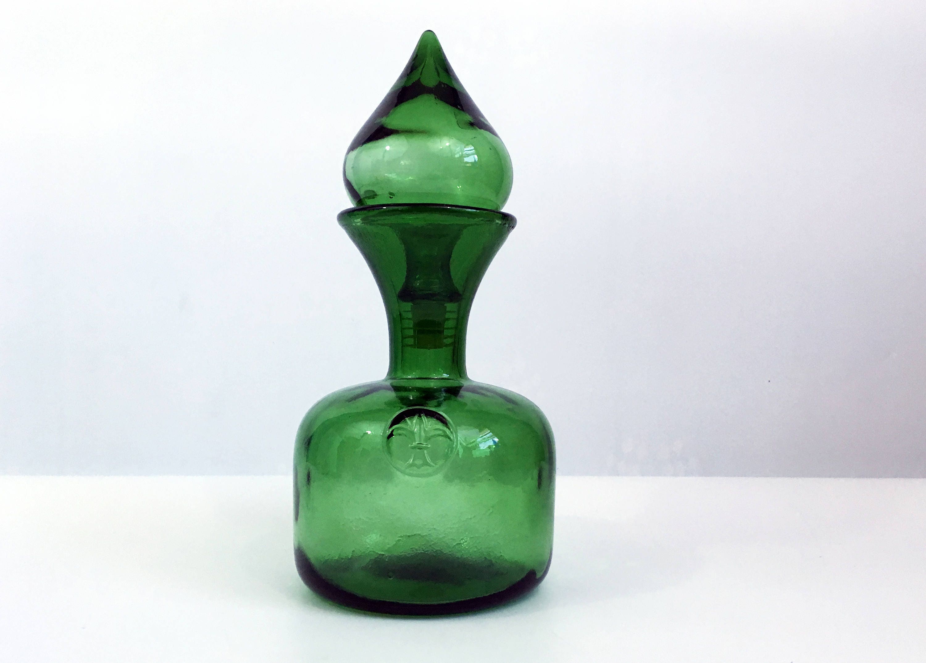 Vintage Green Glass Empoli Decanter Bottle with Stopper Round Bulbous Stopper w/ Pointed Tip