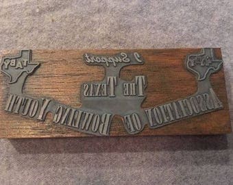 Vintage Letterpress Printers Block Texas Association Of Bowling Youth Seal Type