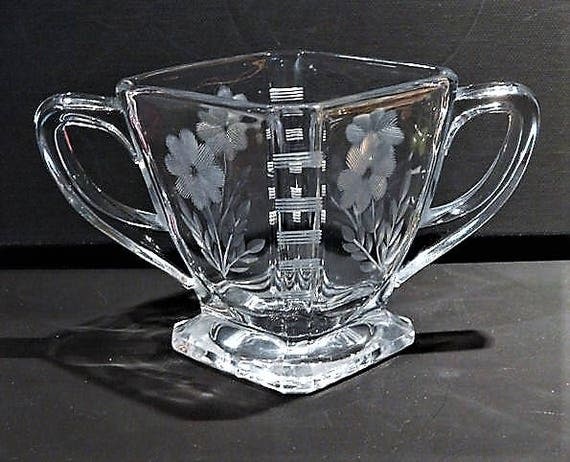 Antique 1900s HEISEY Glass Etched Sugar Bowl Signed Floral Etching Wedding Table Country Cottage Home Decor Elegant Glassware Etched