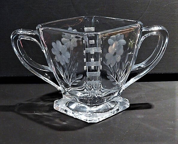 Antique 1900s HEISEY Glass Etched Sugar Bowl Signed Floral