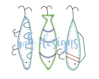 Fishing Lures 5x7, 4x4, 2x2.5 embroidery design, Fishing Lures applique, Vintage stitch, Fishing Lure embroidery file, Bean stitch fish lure