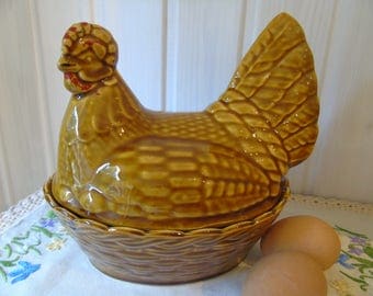 1970s Ceramic Chicken Egg Crock - Vintage Chicken and Basket for Storing Eggs - English Pottery