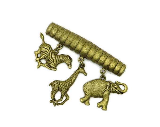 Jungle Animal Brooch, Dangling Animals Pin, Zebra, Giraffe, Elephant Brooch, Vintage Goldtone Brooch, FREE SHIPPING