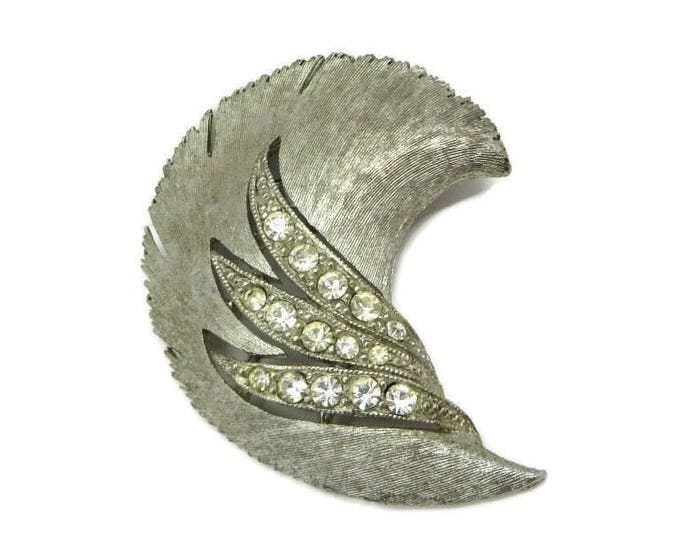 Rhinestone Leaf Brooch, Vintage Curved Leaf Pin, Signed J J Matte Silvertone Pin, Bridal Jewelry, Gift Idea