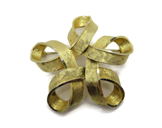 CAPRI Brooch, Vintage Gold Tone Designer Ribbon Pin, Matte Gold Looped Brooch