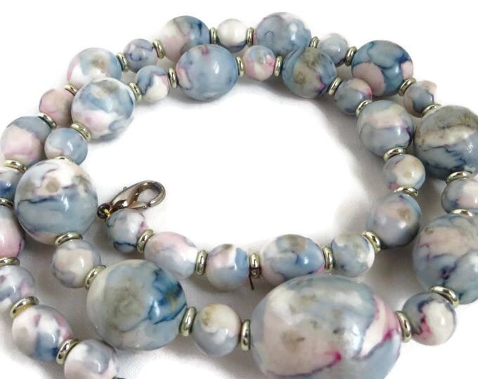 Vintage Blue Beaded Necklace - Blue and Pink Abstract Design Graduated Bead Necklace, Gift for Her