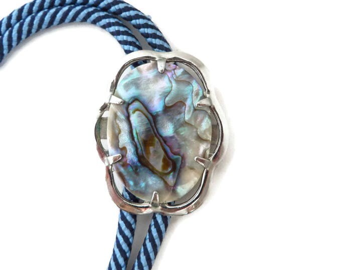 Abalone Shell Bolo Tie, Vintage Blue Striped Tie, Silver Tone Framed Abalone Pendant