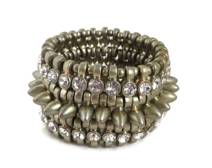 Gold Tone Stud Bracelet, Vintage Rhinestone Stretch Bracelet, Wide Heavy Metal Bracelet