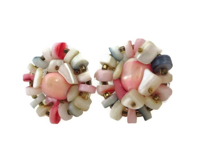 Pink Glass Japan Earrings, Vintage Shell and Glass Cluster Bead Clip-on Earrings, 1960s Jewelry