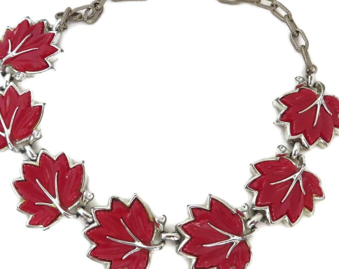 Red Leaf Necklace | Vintage Thermoset Necklace | Mid Century Silver Tone Link Choker