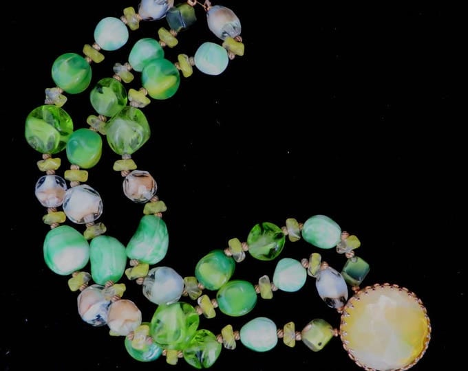 Vintage Bracelet - Hattie Carnegie Crystal Bracelet, Three Strand Green Glass Bracelet, Designer Signed Bracelet