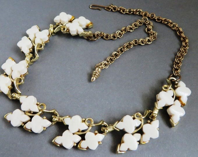 Vintage White Necklace - Thermoset Gold Tone Choker Necklace, Leafy Necklace, Gift for Her