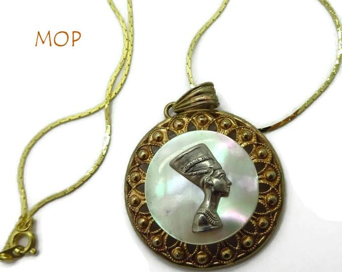 Mother of Pearl Pendant - Egyptian Queen Pendant Necklace Vintage Nefertiti Pendant, Cobra Chain Necklace, Gift idea, Gift Boxed