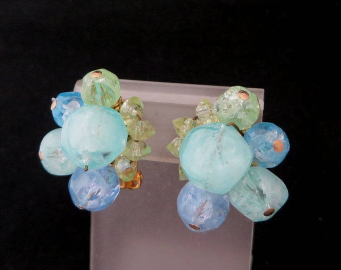 Carnegie Cluster Bead Earrings - Vintage Pastel Lucite Beaded Clip-on Earrings, Gift for Her