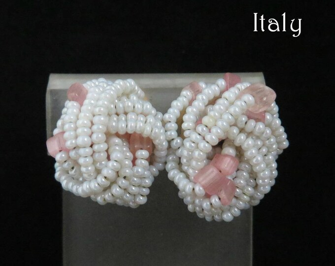 Italian White Bead Earrings - Vintage White & Pink Beaded Clip-on Earrings, Made in Italy, Gift for Her, Gift Boxed