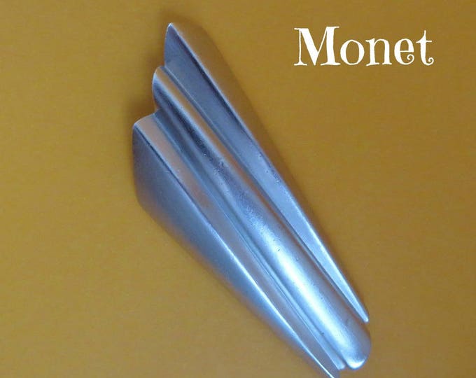 Vintage Monet Brooch, Matte Silver Tone Modernist Brooch, Large Ridged Pin, FLAWS