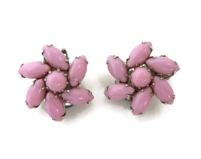 Weiss Pink Glass Earrings - Vintage Pinwheel Flower Silver Tone Clip-on Designer Signed Earrings