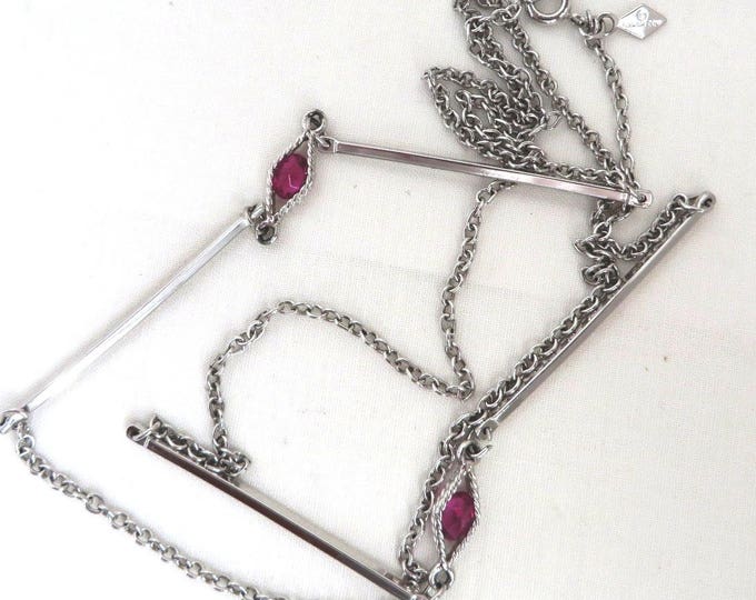 Vintage Sarah Coventry Necklace | Silver Tone Chain Link Pink Rhinestone Long Necklace