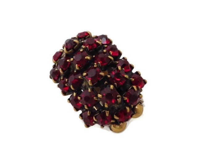 Rhinestone Ring, Vintage Ruby Rhinestone Ring, Gold Tone Wide Band Multi Stone Cocktail Ring, Adjustable Ring