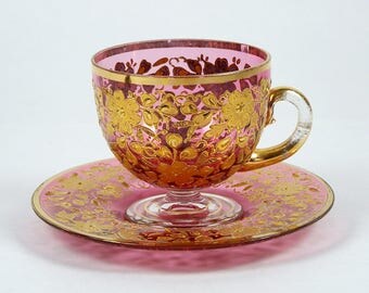 Vintage Enameled Cranberry Glass Tea Cup w/ Gold Floral Decoration 4 oz Footed